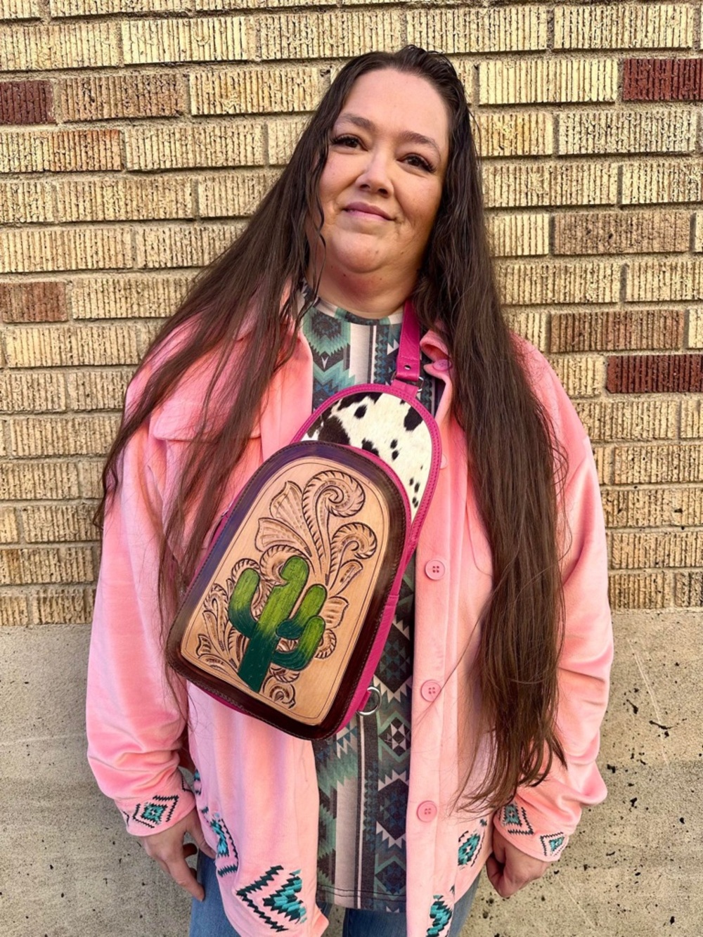 Hand-Tooled Cactus Crossbody Bag in Pink and Natural